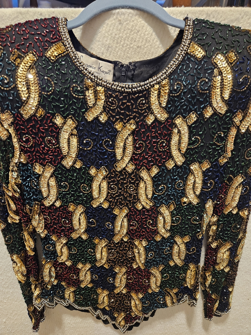 Laurence Kazar Black Long-Sleeve Beaded Top with Gold and Multicolor Sequins